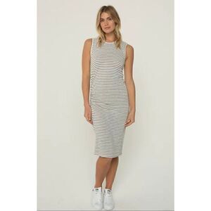 Monrow Supersoft Pinstripe Asymmetrical Shirred Midi Dress Size M Ash Pinstripe